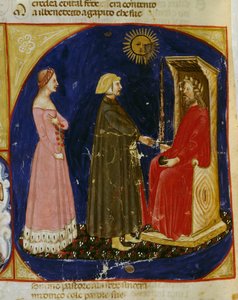 Dante und Beatrice treffen Justinian, Szene aus dem Paradies, Canto VI, aus der Göttlichen Komödie von Dante Alighieri (1265-1321), Veneto-Miniatur, Italien