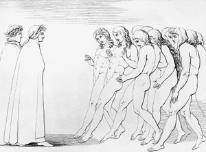 Seelen erschrecken, als sie sehen, dass Dante lebt, Illustration zum 3. Gesang des Purgatoriums, Göttliche Komödie, allegorisches Gedicht von Dante Alighieri (1265-1321) von Dante Alighieri