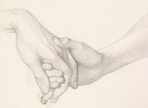 Dantes Traum zur Zeit des Todes von Beatrice - Studie von Dante, der die Hand der Liebe hält von Dante Gabriel Charles Rossetti