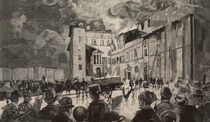 Brand der israelischen Schulen von 1893, Rom, Italien (Stich nach einer Zeichnung von Dante Paolocci) von Dante Paolocci