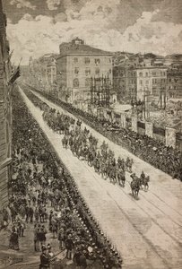 König kehrt nach der Einweihung des Dogali-Denkmals zum Quirinal zurück, Rom, Italien