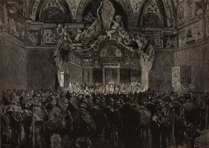 Leo XIII. empfängt französische Pilger in der Herzogshalle, Päpstliches Jubiläum, Vatikan, Gravur nach Zeichnung von Dante Paolocci, aus L