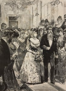 Königin Margherita von Savoyen bei einer Feier des Künstlerclubs (Circolo Artistico) von Rom, begleitet vom Bildhauer Giulio Monteverde, Italien (Stich nach einer Zeichnung von Dante Paolocci)