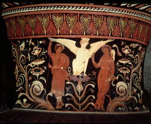 Apulischer rotfiguriger Volutenkrater, Detail des Halses, der Ödipus und die Sphinx darstellt von Darius Painter