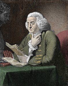 Porträt von Benjamin Franklin (1706-1790), amerikanischer Philosoph, Physiker und Botschafter. Gravur nach einem Gemälde von David Martin. von David (after) Martin