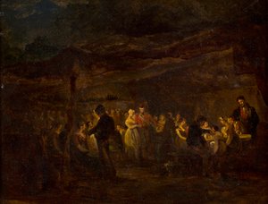 Ein Abendbankett, Soldaten vor einer Burg (Öl auf Holztafel) von David (circle of) Wilkie