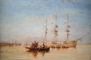 Ein Kriegsschiff vor Anker in der Themse