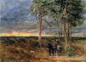 Reisende nähern sich einem Wegweiser auf einer Heide, 1851 von David Cox