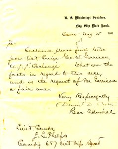 Brief von David D. Porter, U. S. S. Black Hawk, Kairo, Illinois, an Seth Ledyard Phelps, 25. August 1863