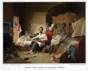 Präsident Lincoln, schreibt die Proklamation der Freiheit, 1. Januar 1863, 1864 von David Gilmour Blythe