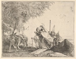 Maria, von Joseph und einem Engel unterstützt, steigt von einem Boot ans Ufer, ein Engel stabilisiert..., 1753