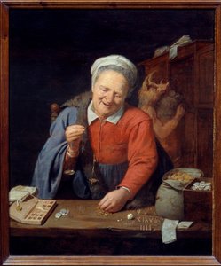 Der Goldwäger. Eine alte Frau wiegt Goldstücke auf einer kleinen Waage, während im Hintergrund ein Mann mit einem Eberkopf Säcke im Schrank verstaut. Gemälde von David III Ryckaert (1612-1661) von David III Ryckaert