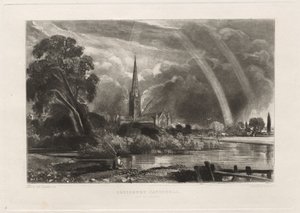 Kathedrale von Salisbury von den Wiesen aus, kleine Platte, 1855 von David Lucas