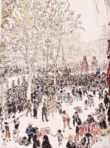 Die Flagge der Stadt und die Riesen, Fronleichnamsprozession, die Ramblas, Barcelona, 8. Juni von David Muirhead Bone
