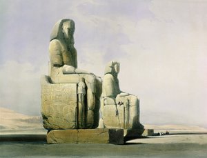 Theben, 4. Dezember 1838, Detail (Kolossen von Memnon), Platte 12 aus Band I von Ägypten und Nubien, graviert von Louis Haghe