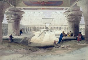 Blick unter dem Portikus des Tempels von Edfu, Oberägypten, Tafel 32 aus Band I von Ägypten und Nubien, gestochen von Louis Haghe, veröffentlicht 1846