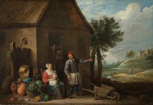Bauer an einer Hüttentür mit einer sitzenden Frau und Kind von David Teniers (II)