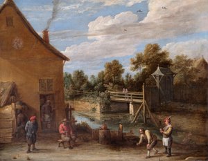 Bauern spielen Kegeln vor einem Gasthaus an einem Fluss, 17. Jahrhundert