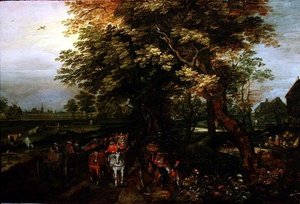 Bewaldete Landschaft mit Bauern