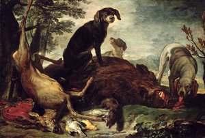 Hunde mit erlegtem Wildschwein und Hirsch von David de Coninck