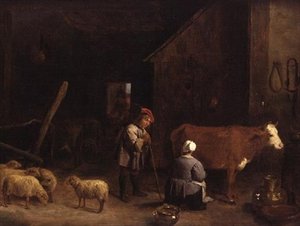 Ein Hirtenjunge spricht mit einer Melkerin in einem Kuhstall von David Teniers the Younger