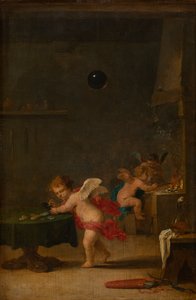 Amoretti in der Werkstatt eines Alchemisten, ca. 1635-37 (Öl auf Eichenholz) von David the Younger Teniers