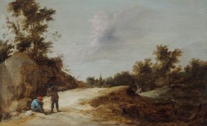 Bauern ruhen sich auf einem Pfad in einer felsigen, bewaldeten Landschaft aus von David Teniers the Younger