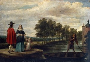 Der Künstler, seine Frau und sein Kind am Wassergraben seines Herrenhauses, Perck von David Teniers the Younger