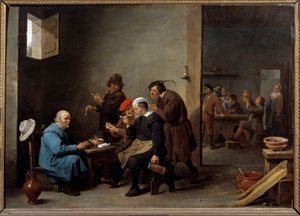 Der Mann mit dem weißen Hut, Gruppe von Männern, die in einer Gaststätte Pfeife rauchen von David Teniers the Younger
