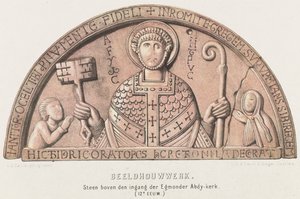 Tympanon von Egmond: Bogenfeld mit Petrus, Graf Dirk VI. von Holland und seiner Mutter Gräfin Petronella, ca. 1120 von David van der Kellen