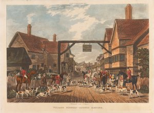 Fuchsjagd, Satz von vier: Hertfordshire. 1. (Whitewell bei Welwyn) / Dorfszenerie - Hunde treffen sich von Dean Wolstenholme