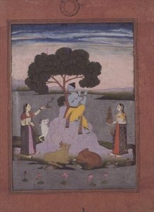 BL Kat. Nr.428, aus einem Johnson Album Nr. 20 Artikel 3, Krishna spielt für zwei Gopis, Hyderabad, ca. 1770 von Deccani School