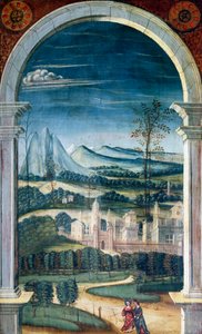 Perspektive, auf der Rückseite des Chorgestühls aus dem 16. Jahrhundert, Kirche des Heiligen Hieronymus, Biella, Italien von Defendente Ferrari