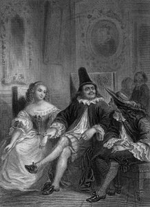Der Arzt wider Willen von Molière: Lucinde, Sganarelle und Geronte, Gravur von Delannoy nach einer Zeichnung von G. Staal