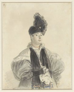 Porträt einer stehenden Dame mit schwarzem Schal und schwarzem Hut von Denis Auguste Marie Raffet