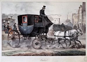 Öffentlicher Verkehr im 19. Jahrhundert: Eine Kutsche in den Straßen von Paris (farbige Gravur)