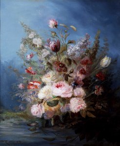 Stillleben. Blumenstrauß am Wasser mit Rosen und Tulpen. Gemälde von Denis Pierre Bergeret (1846-1910) Privatsammlung.