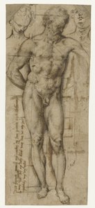 Studie eines nackten Mannes (Herkules?) und zwei Frauenköpfe von Denys Calvaert