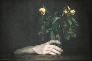 Hand und verwelkende Rosen