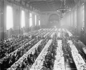 Bankett in der Alumni Hall [d.h. University Commons], Yale College, Connecticut, ca. 1900-06
