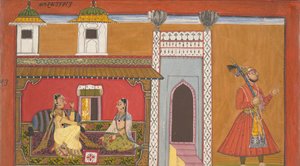 Eine Kurtisane und ihr Liebhaber, entfremdet durch einen Streit: Seite aus einer Rasamanjari-Serie, 1694-95 von Devidasa of Nurpur