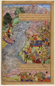 Jalal al-Din Khwarazm-Shah überquert den reißenden Indus-Fluss und entkommt Dschingis Khan und seiner Armee, 1597 von Dharm Das