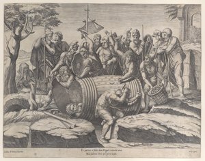 Marcus Atilius Regulus in einem Fass, während zwei Männer die Nägel einschlagen