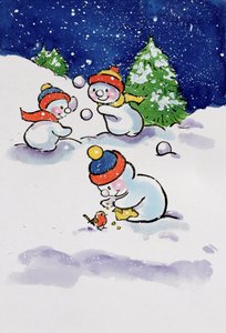 Kleine Schneemänner beim Schneeballwerfen, 1996 von Diane Matthes