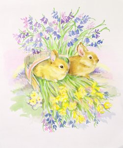 Kaninchen in einem Korb mit Narzissen und Glockenblumen von Diane Matthes