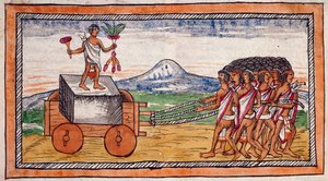 Die Azteken transportieren Steine zum Bau ihrer Städte, Aquarell aus der Geschichte der Indios von Diego Duran, Manuskript, Folio 188 recto von Diego Duran