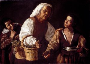 Die zwei Jungen und die alte Obstfrau oder die alte Obsthändlerin. Gemälde von Diego Rodriguez de Silva y Velázquez von Diego Rodriguez de Silva y (attr. to) Velazquez