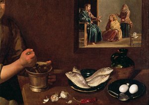 Küchenszene mit Christus im Haus von Martha und Maria (Detail von Essen auf dem Tisch mit Christus, Martha und Maria im Hintergrund)