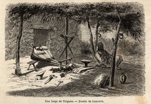 Eine Zigeunerschmiede in der Region Walachei, Rumänien. Gravur zur Illustration der Reise von Paris nach Bukarest, von Lancelot, Zeichner, 1860, veröffentlicht in „Le tour du monde, nouveau journal des voyages“, unter der Leitung von Edouard Charton von Dieudonne Auguste Lancelot