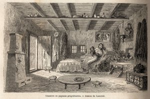 Ein Haus von Bauernbesitzern, in der Nähe von Orezu (Region Walachei, Rumänien). Gravur zur Illustration der Reise von Paris nach Bukarest, von Lancelot, Zeichner, 1860, veröffentlicht in „Le tour du monde, nouveau journal des voyages“, unter der Leitung v